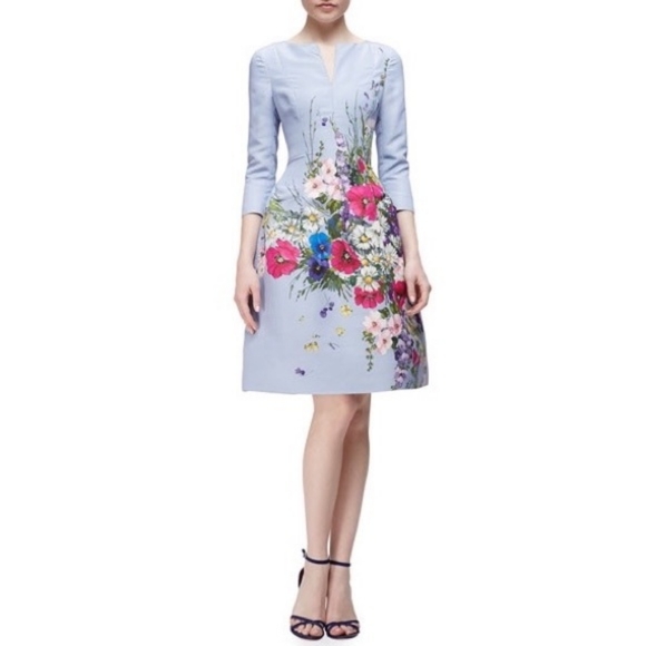 $4,300 OSCAR DE LA RENTA LIGT BLUE SILK FLORAL RUNWAY DRESS US 12 - Picture 1 of 11